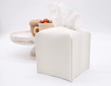 Load image into Gallery viewer, Tissue Box Cover Holder, Modern Square Decorative PU Leather Organizer with Bottom Belt for Bathroom Countertop, Nightstand, Office Desk, The Hillary Style(5.1''*5.1''*5.1'', White)