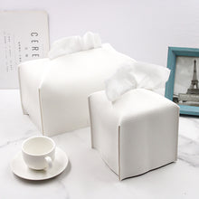 Load image into Gallery viewer, Tissue Box Cover Holder, Modern Square Decorative PU Leather Organizer with Bottom Belt for Bathroom Countertop, Nightstand, Office Desk, The Hillary Style(5.1''*5.1''*5.1'', White)