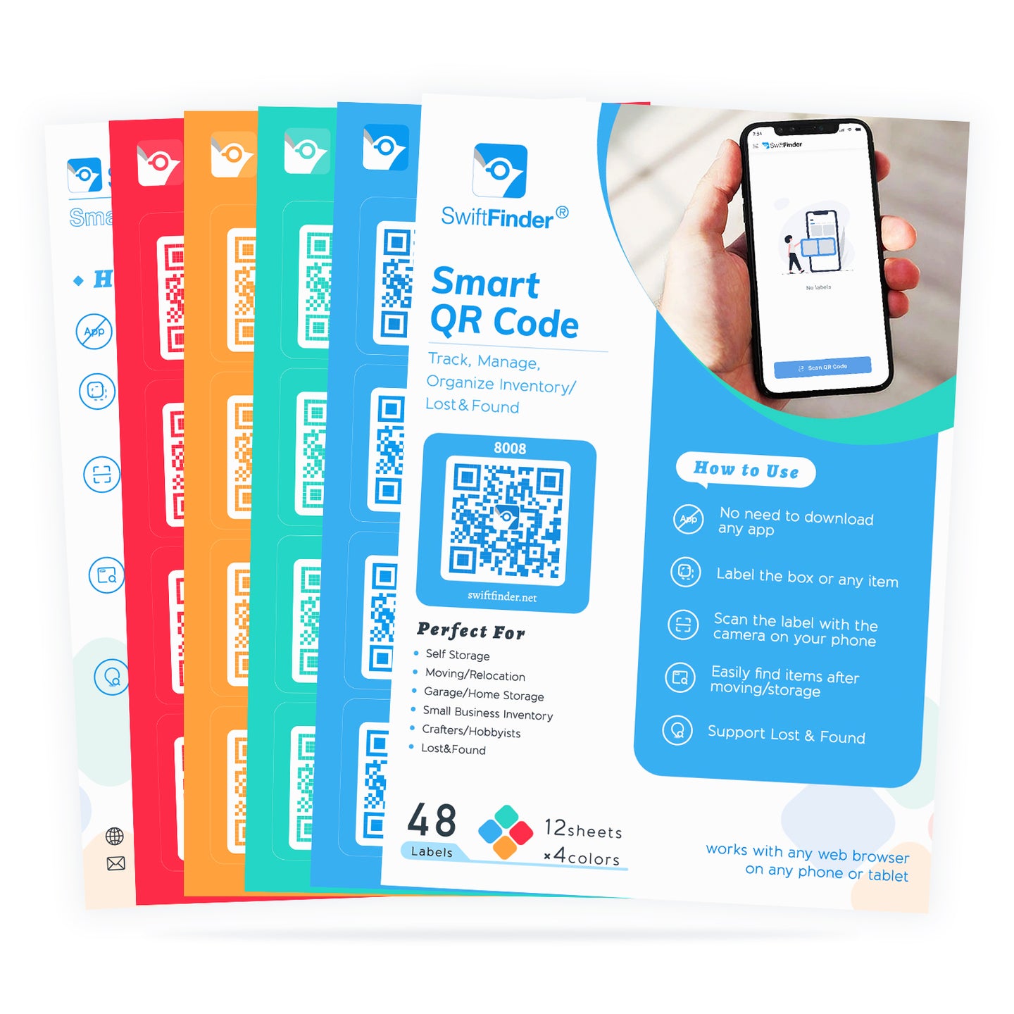 Smart QR Code Labels, Color Coded Scannable Stickers for Storage Bins, Moving and Organization, Pack and Track Inventory, Lost and Found Labels for Laptop, Water Bottle and More, 48 Labels